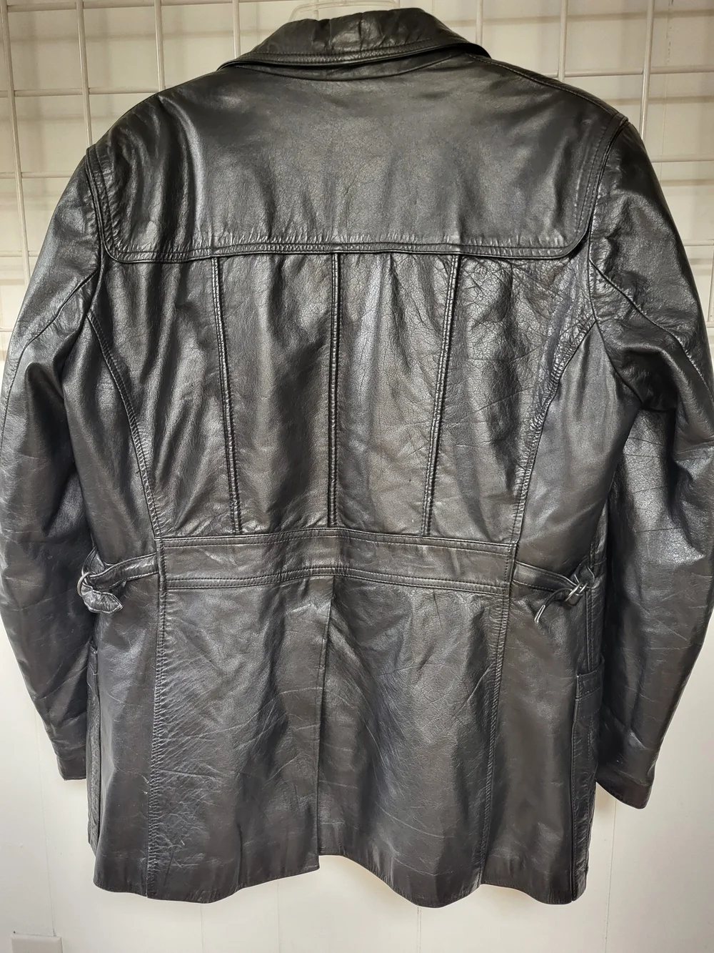 Vtg. Men's Black Leather Button-Front Trench Coat, Size 42, Meduim